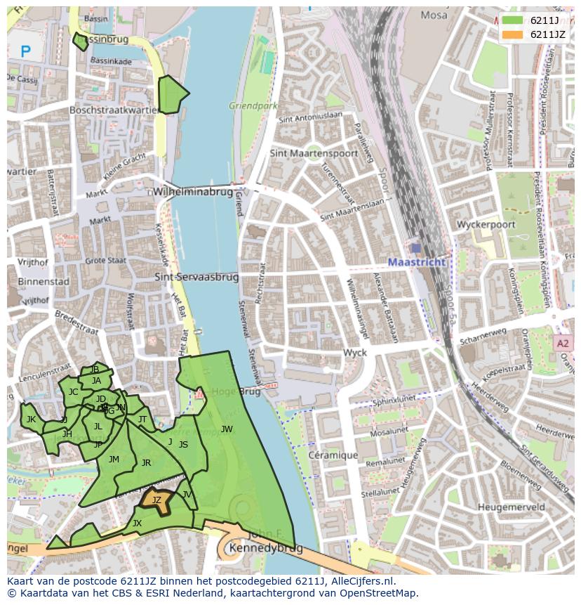Afbeelding van het postcodegebied 6211 JZ op de kaart.