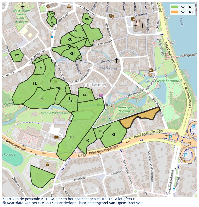 Afbeelding van het postcodegebied 6211 KA op de kaart.