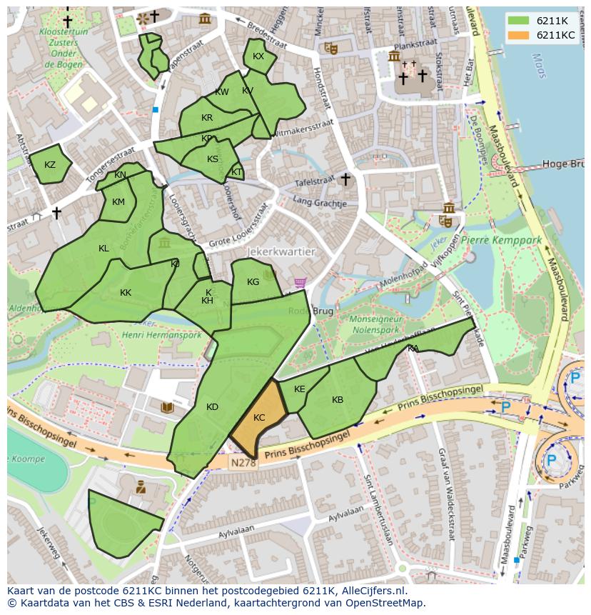 Afbeelding van het postcodegebied 6211 KC op de kaart.