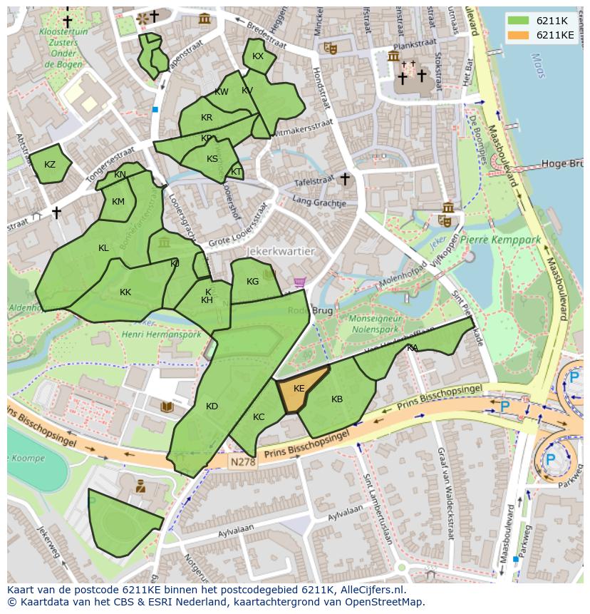 Afbeelding van het postcodegebied 6211 KE op de kaart.