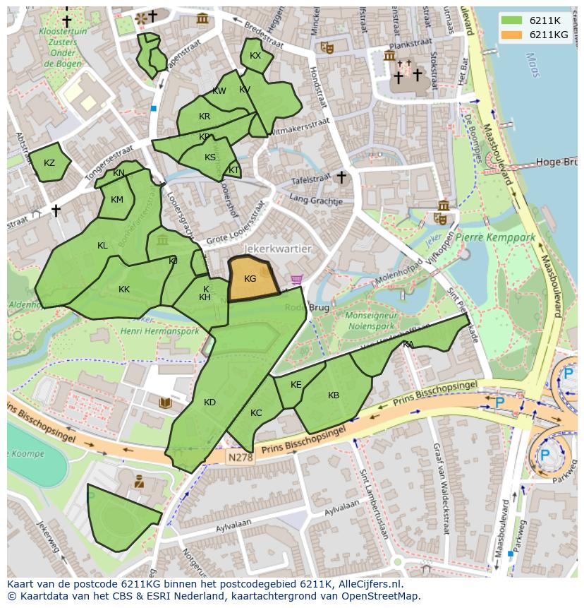 Afbeelding van het postcodegebied 6211 KG op de kaart.