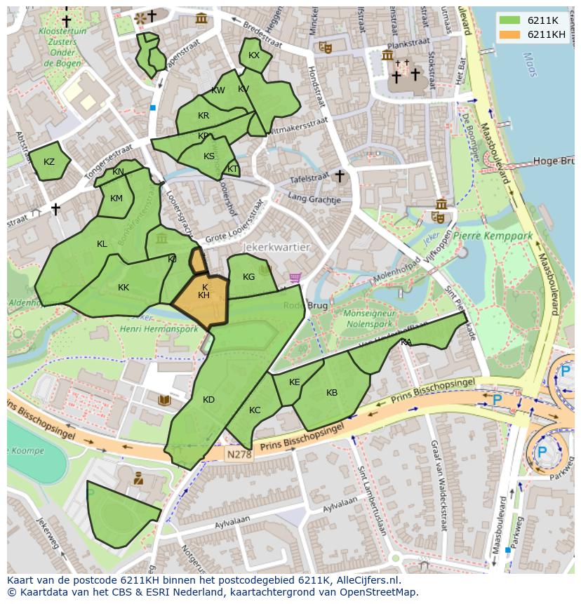 Afbeelding van het postcodegebied 6211 KH op de kaart.
