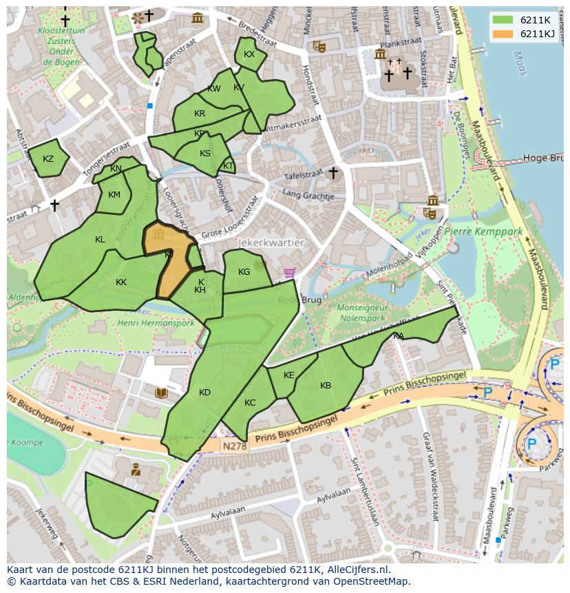 Afbeelding van het postcodegebied 6211 KJ op de kaart.