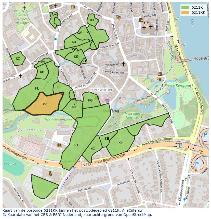 Afbeelding van het postcodegebied 6211 KK op de kaart.