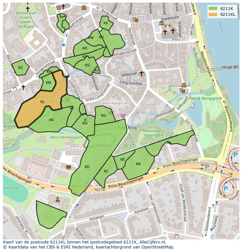 Afbeelding van het postcodegebied 6211 KL op de kaart.