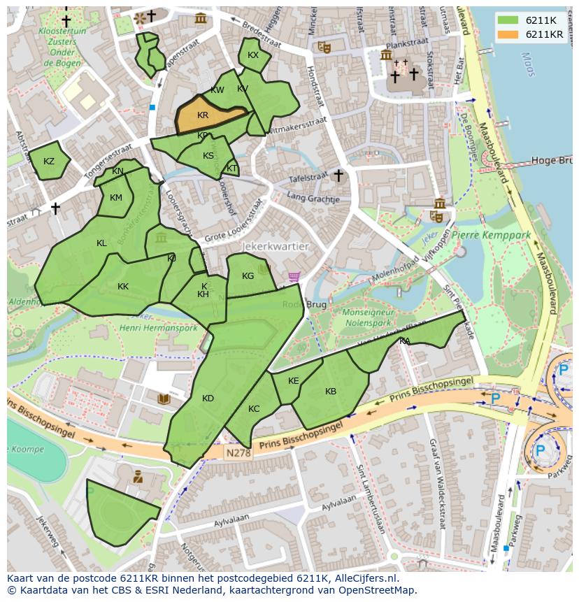 Afbeelding van het postcodegebied 6211 KR op de kaart.