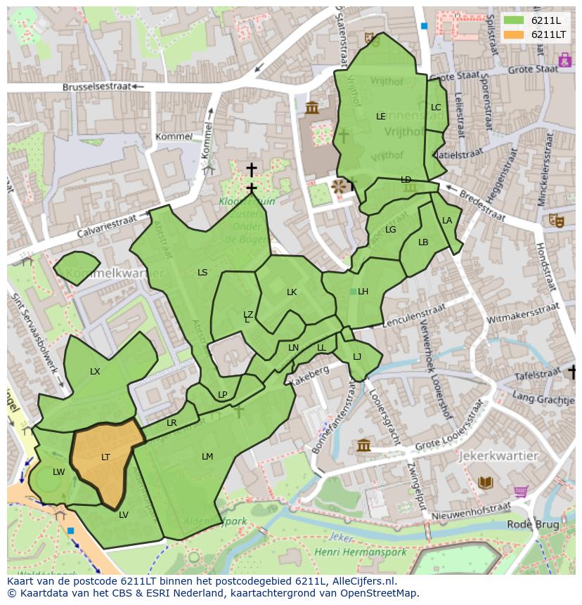 Afbeelding van het postcodegebied 6211 LT op de kaart.
