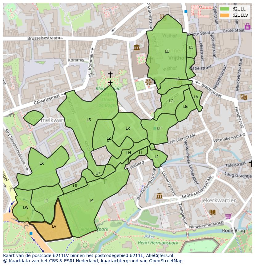 Afbeelding van het postcodegebied 6211 LV op de kaart.