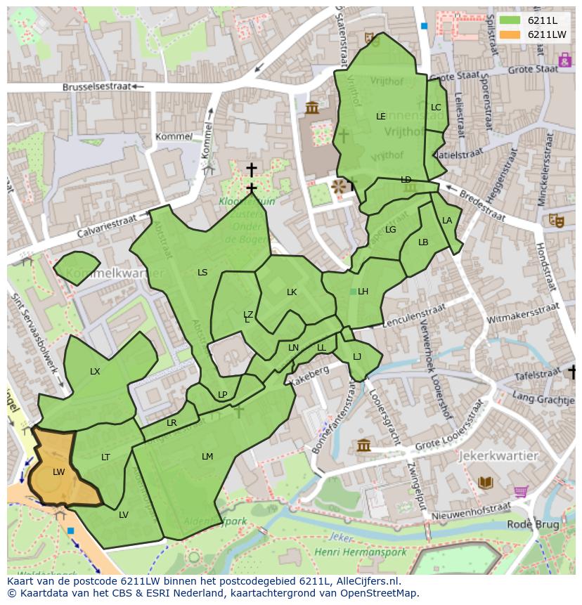 Afbeelding van het postcodegebied 6211 LW op de kaart.