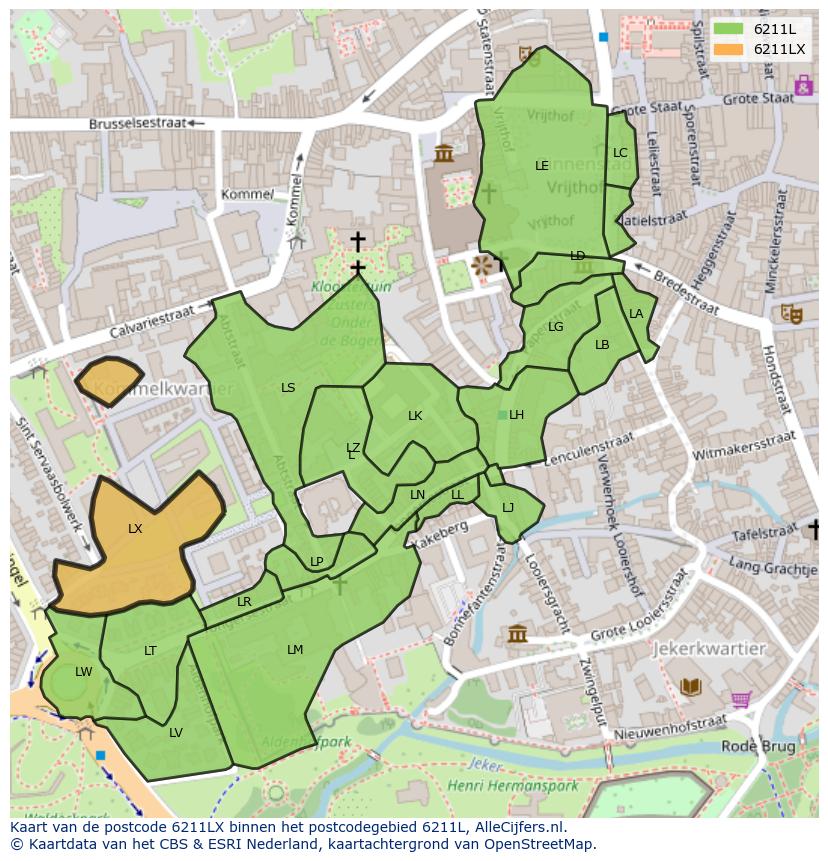 Afbeelding van het postcodegebied 6211 LX op de kaart.