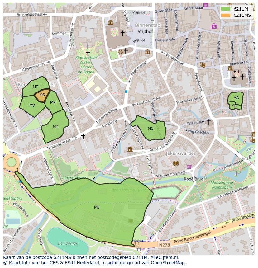 Afbeelding van het postcodegebied 6211 MS op de kaart.