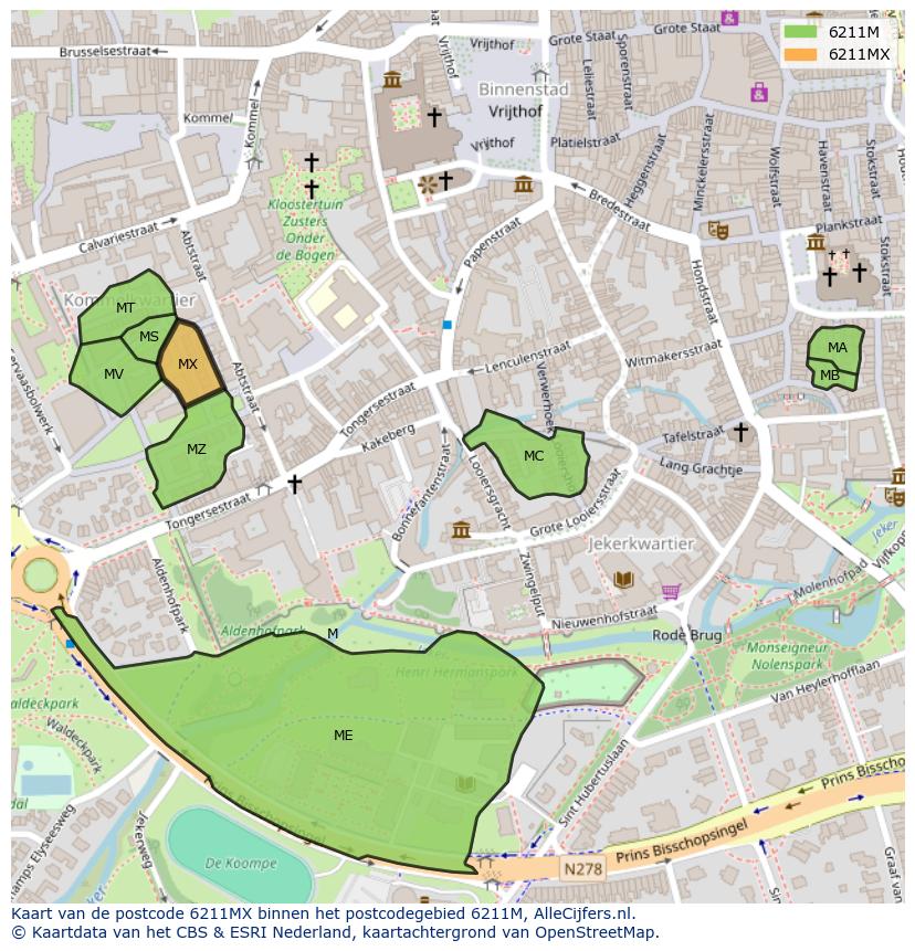 Afbeelding van het postcodegebied 6211 MX op de kaart.