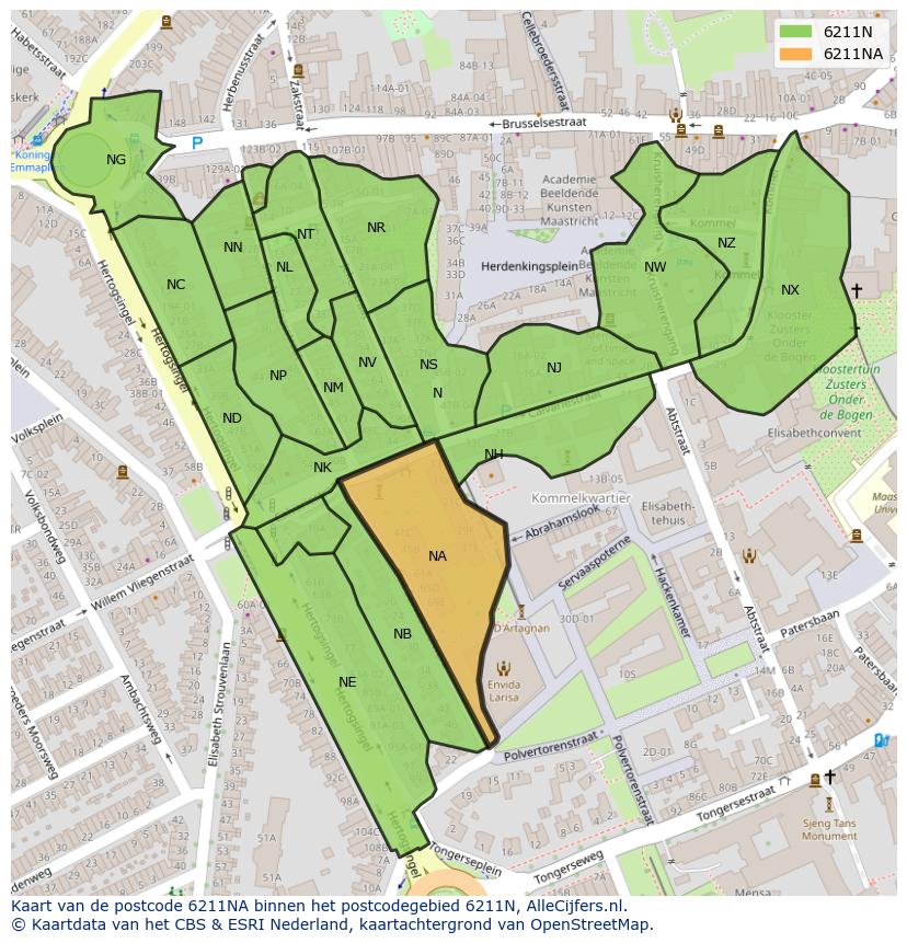 Afbeelding van het postcodegebied 6211 NA op de kaart.