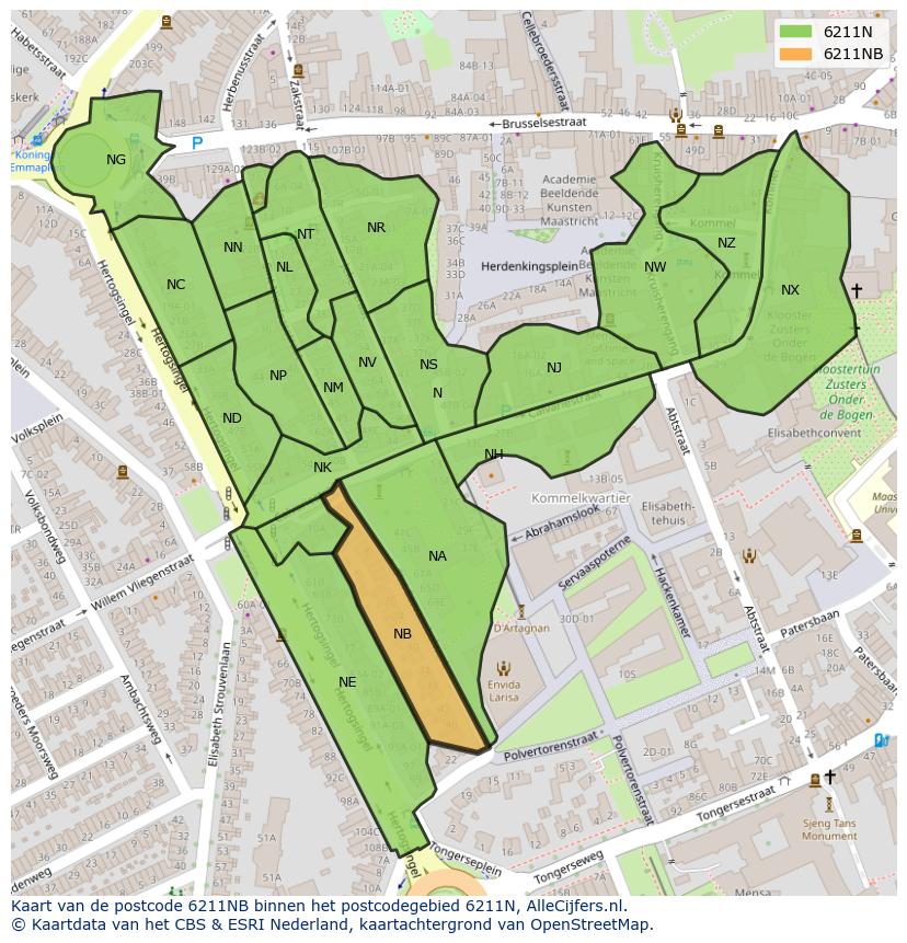Afbeelding van het postcodegebied 6211 NB op de kaart.