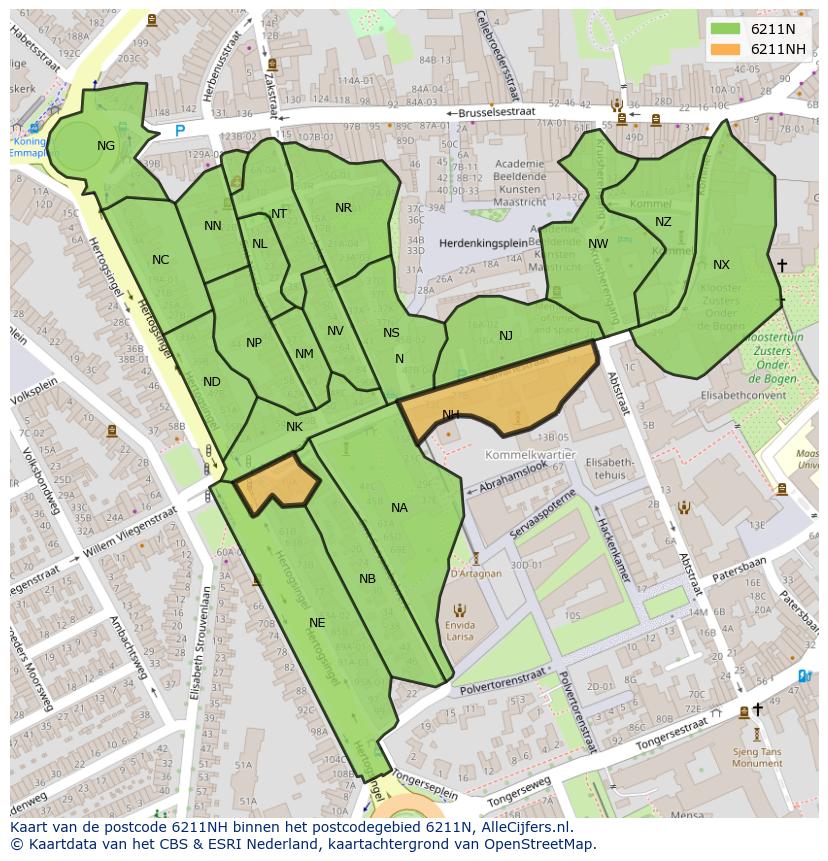 Afbeelding van het postcodegebied 6211 NH op de kaart.