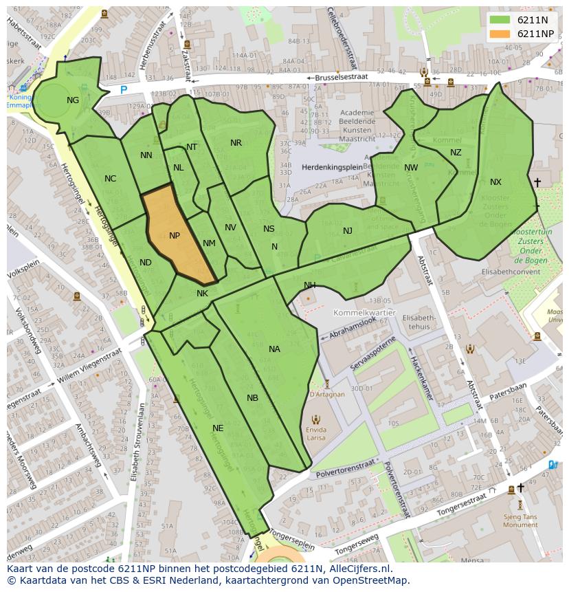 Afbeelding van het postcodegebied 6211 NP op de kaart.