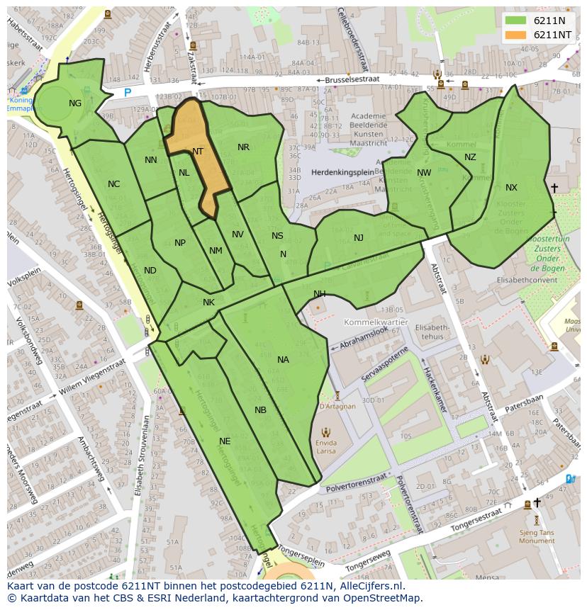 Afbeelding van het postcodegebied 6211 NT op de kaart.