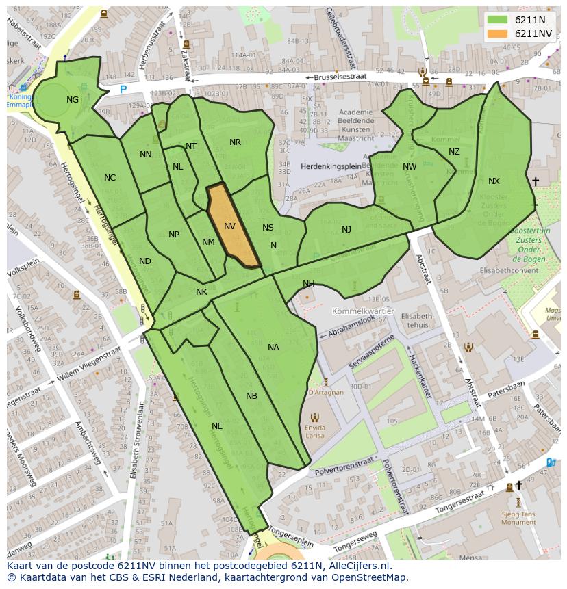 Afbeelding van het postcodegebied 6211 NV op de kaart.