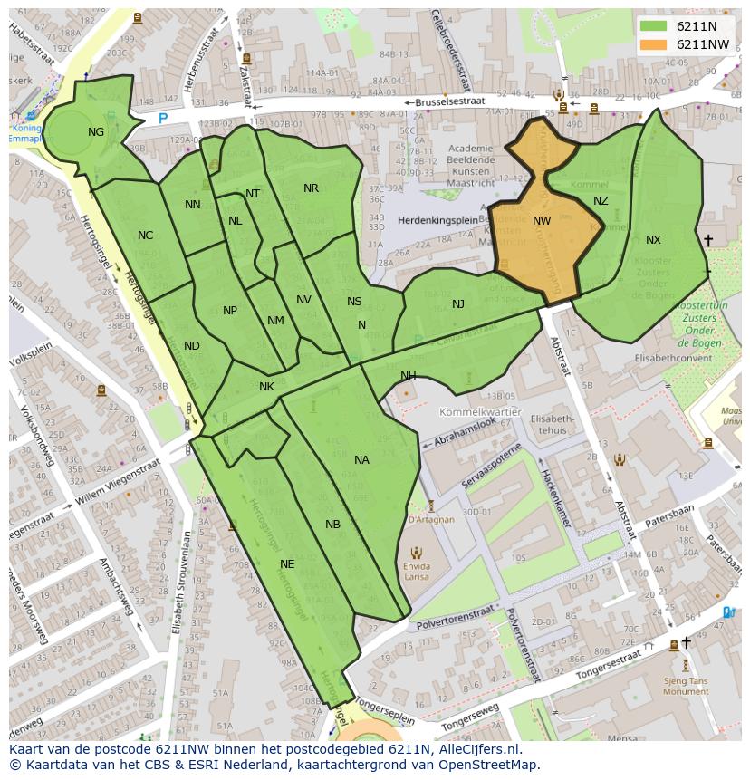 Afbeelding van het postcodegebied 6211 NW op de kaart.