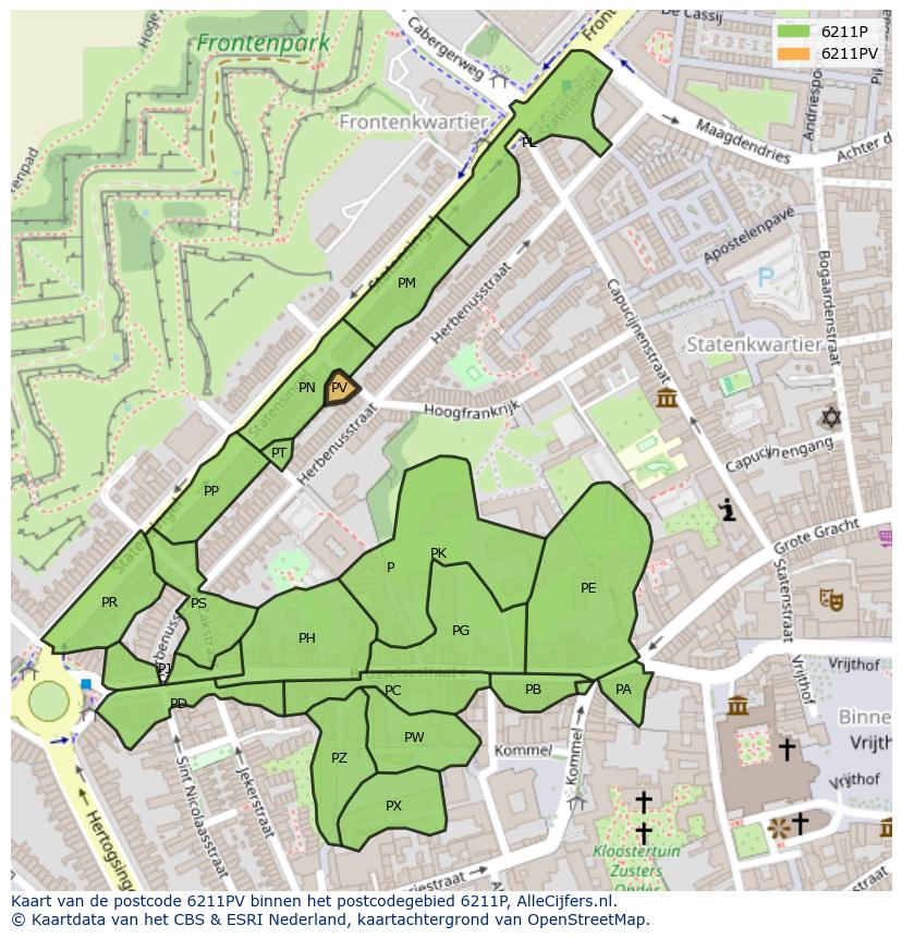 Afbeelding van het postcodegebied 6211 PV op de kaart.