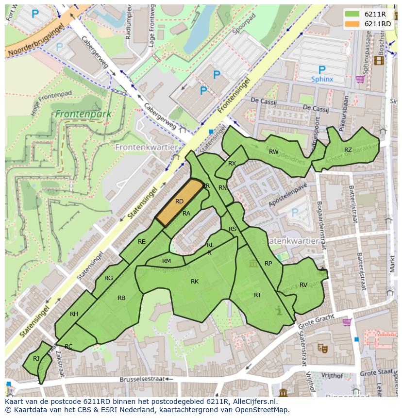 Afbeelding van het postcodegebied 6211 RD op de kaart.