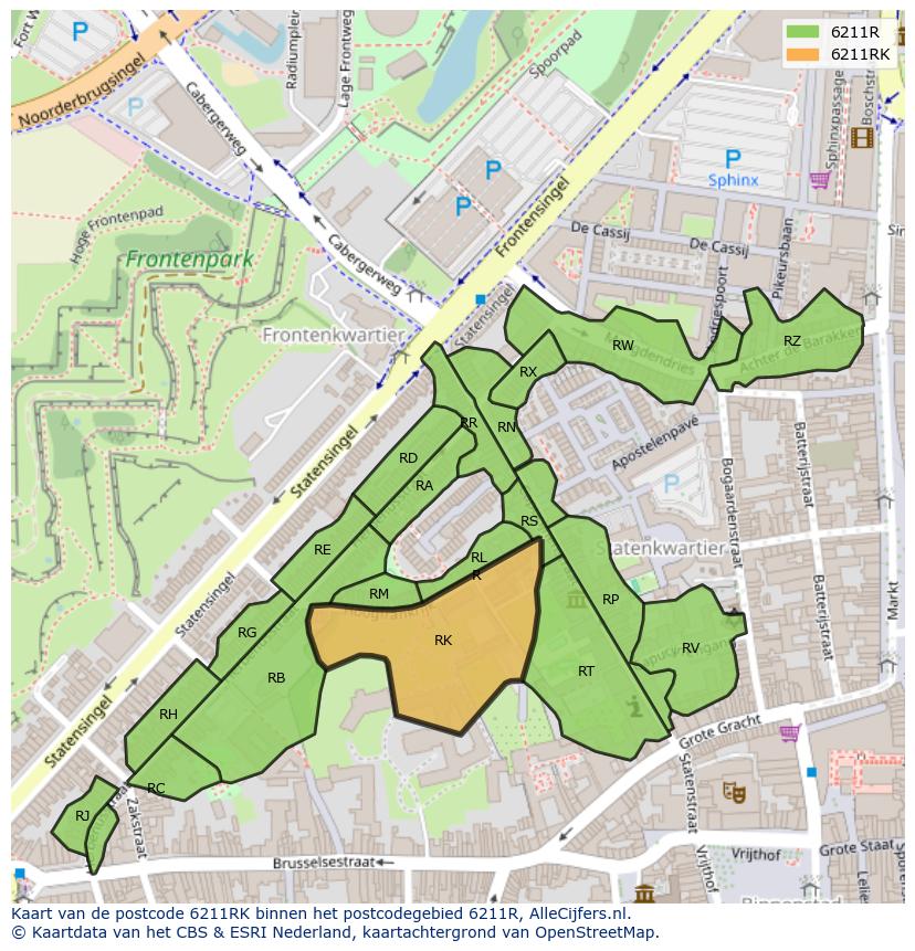 Afbeelding van het postcodegebied 6211 RK op de kaart.