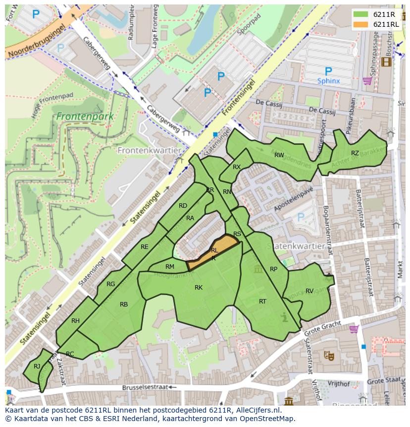 Afbeelding van het postcodegebied 6211 RL op de kaart.