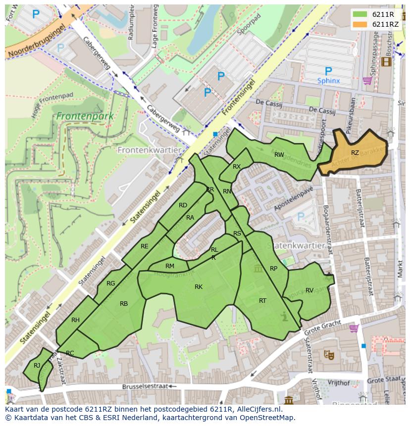 Afbeelding van het postcodegebied 6211 RZ op de kaart.