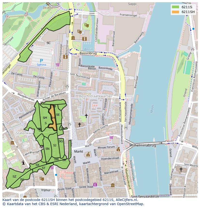 Afbeelding van het postcodegebied 6211 SH op de kaart.