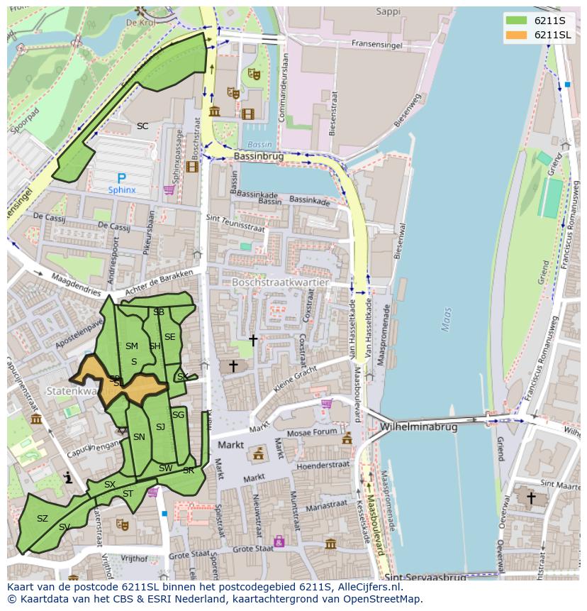 Afbeelding van het postcodegebied 6211 SL op de kaart.