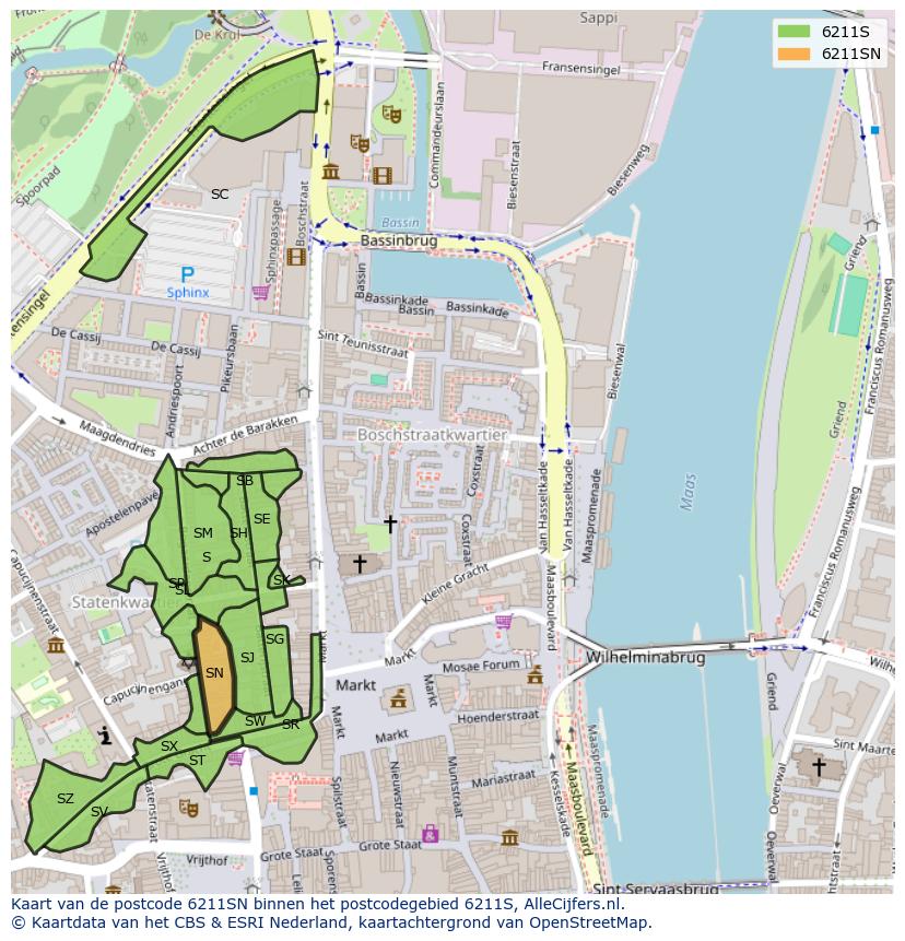 Afbeelding van het postcodegebied 6211 SN op de kaart.