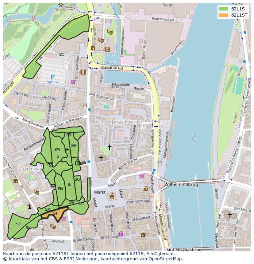 Afbeelding van het postcodegebied 6211 ST op de kaart.