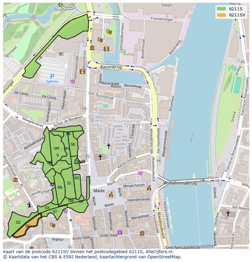 Afbeelding van het postcodegebied 6211 SV op de kaart.