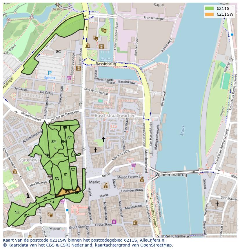 Afbeelding van het postcodegebied 6211 SW op de kaart.