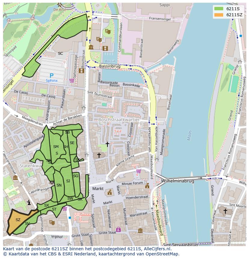 Afbeelding van het postcodegebied 6211 SZ op de kaart.