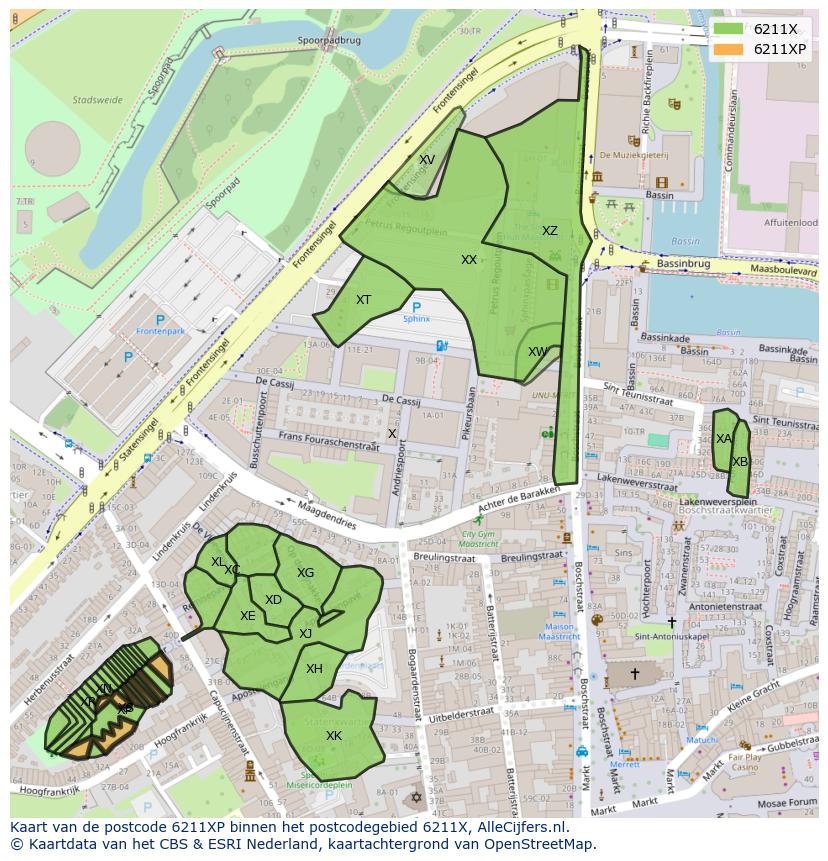 Afbeelding van het postcodegebied 6211 XP op de kaart.