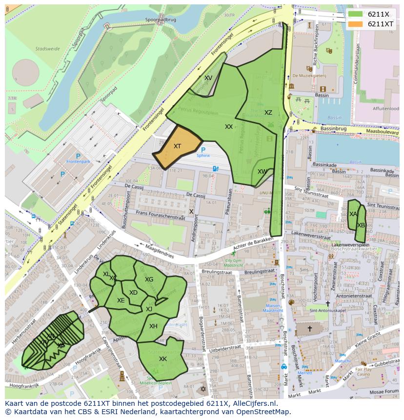 Afbeelding van het postcodegebied 6211 XT op de kaart.