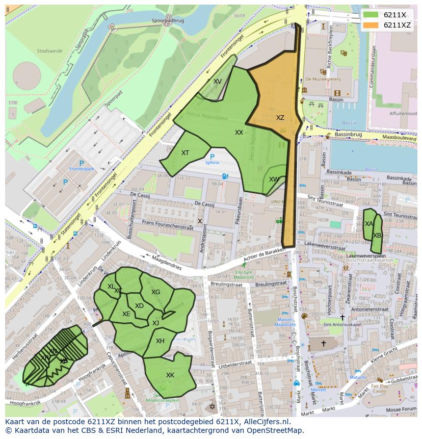 Afbeelding van het postcodegebied 6211 XZ op de kaart.
