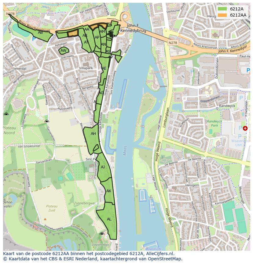 Afbeelding van het postcodegebied 6212 AA op de kaart.