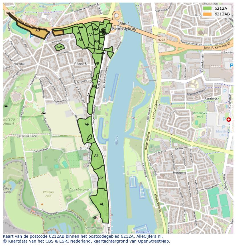 Afbeelding van het postcodegebied 6212 AB op de kaart.