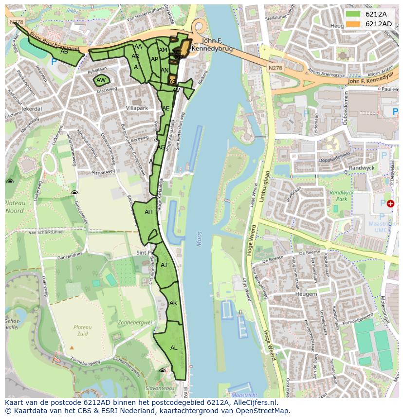 Afbeelding van het postcodegebied 6212 AD op de kaart.