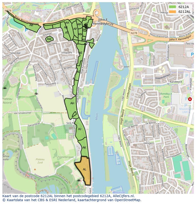 Afbeelding van het postcodegebied 6212 AL op de kaart.