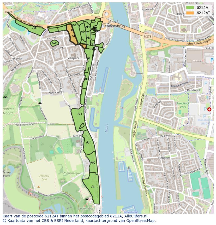 Afbeelding van het postcodegebied 6212 AT op de kaart.