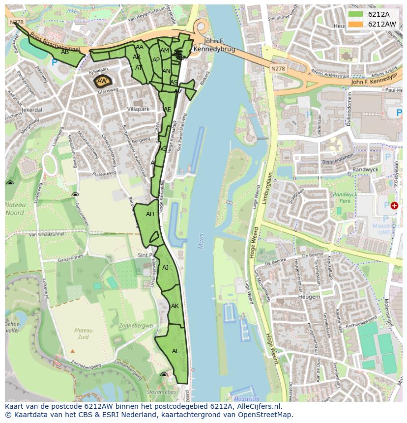 Afbeelding van het postcodegebied 6212 AW op de kaart.