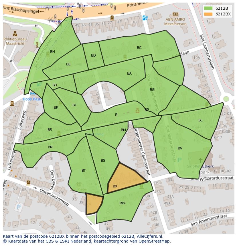 Afbeelding van het postcodegebied 6212 BX op de kaart.