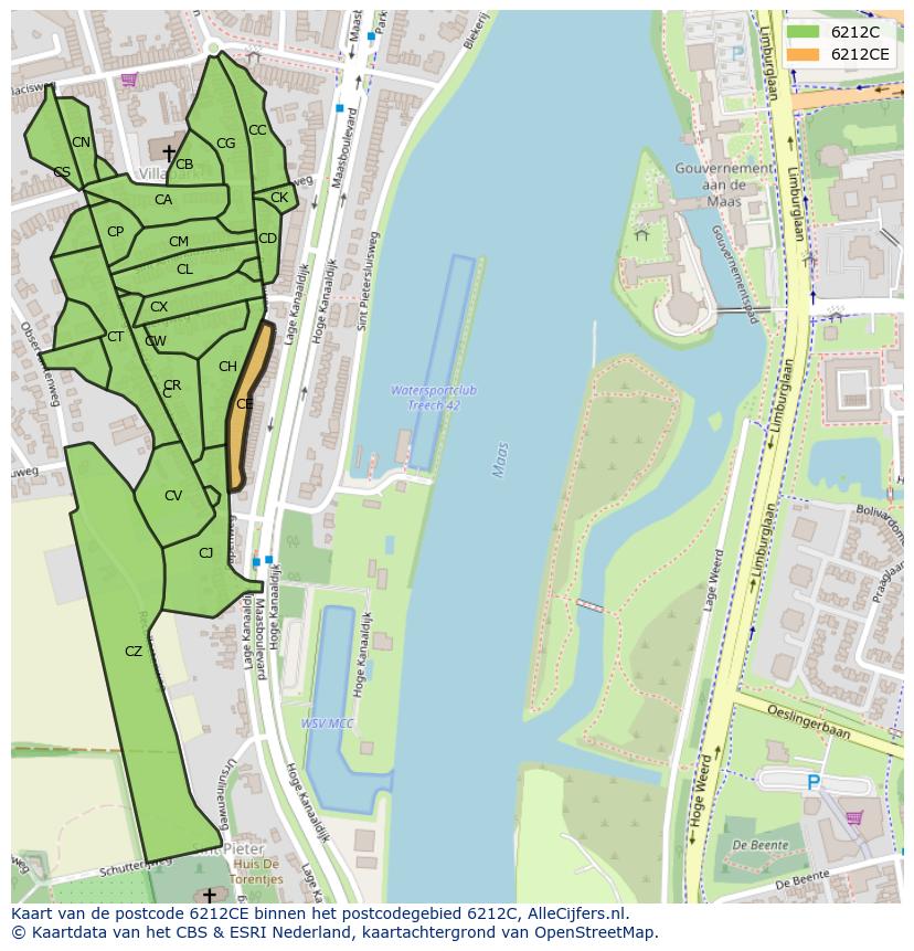 Afbeelding van het postcodegebied 6212 CE op de kaart.