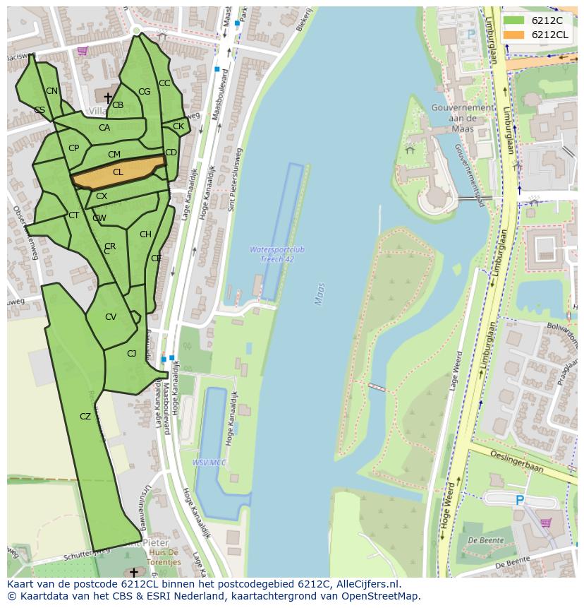 Afbeelding van het postcodegebied 6212 CL op de kaart.