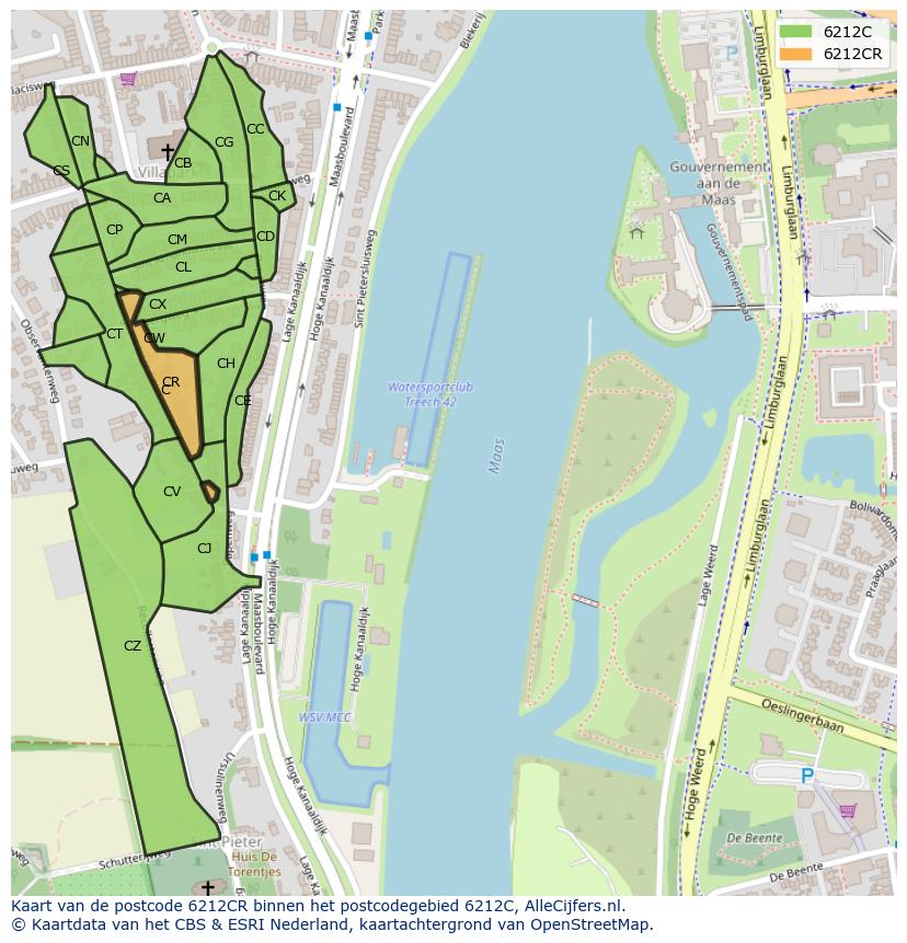 Afbeelding van het postcodegebied 6212 CR op de kaart.