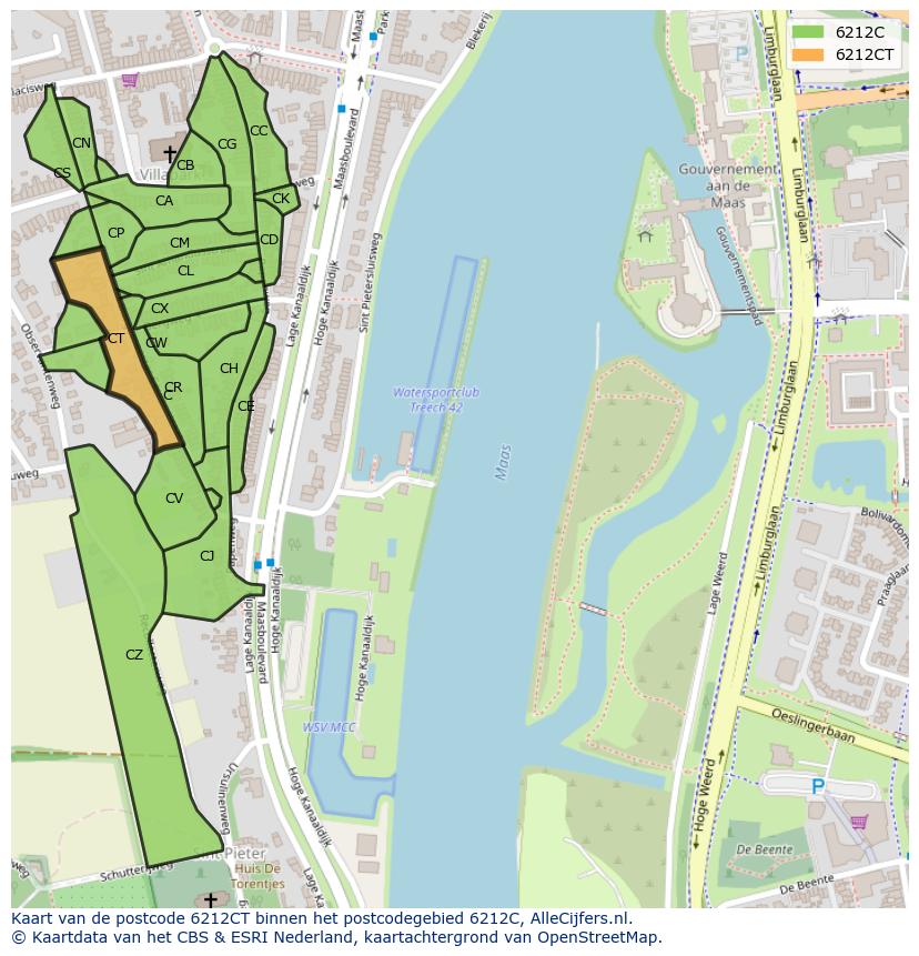 Afbeelding van het postcodegebied 6212 CT op de kaart.