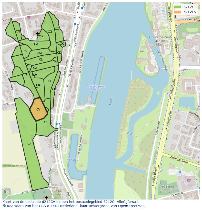 Afbeelding van het postcodegebied 6212 CV op de kaart.
